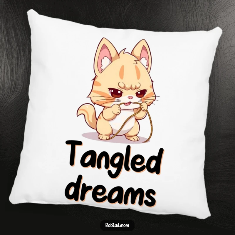 Funny Bobtail Throw Pillow featuring a dog with a determined expression, working to untangle a string, perfect for adding humorous motivation.