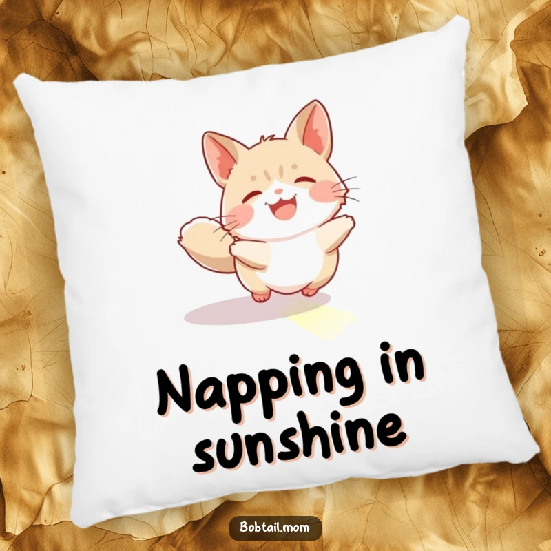 Funny Bobtail Pillow: A bobtail cat joyfully chasing a sunbeam, perfect for humorous and cozy home decor.