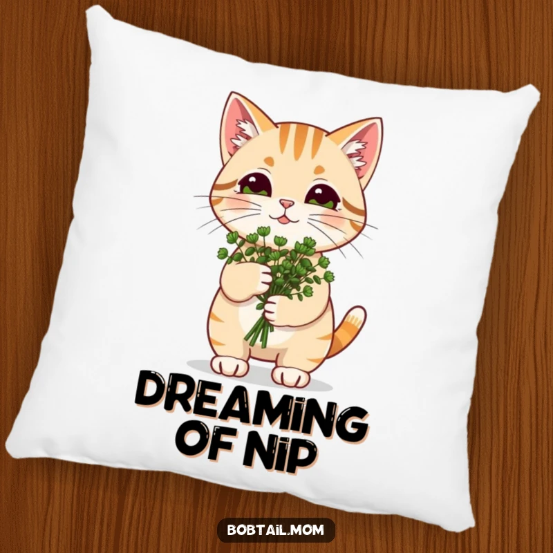Funny Catnip Bobtail Cat Pillow: Cat carrying catnip, offering cozy comfort and humorous feline bliss.