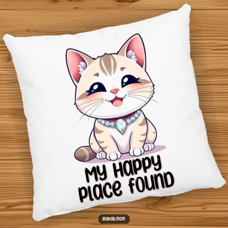 Funny Bobtail cat wearing a sparkling collar, smiling contentedly. A cheerful and humorous pillow, perfect gift for cat moms.