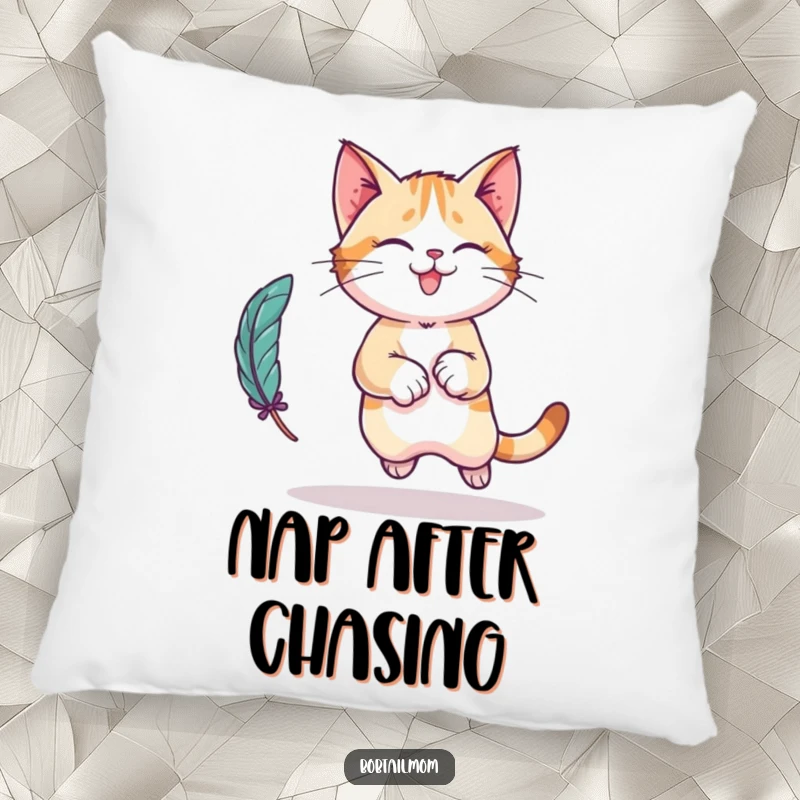 Funny Bobtail cat character pillow, shown mid-playful leap, chasing a feather toy, providing comforting and humorous decor.