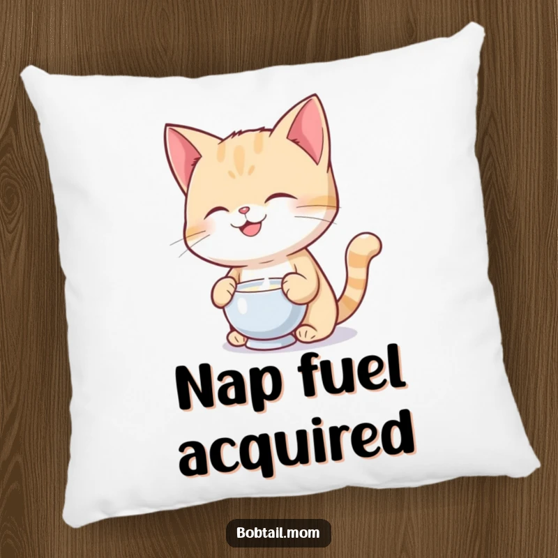 Funny Bobtail cat artfully balancing a milk saucer on its head, featured on a soft and decorative pillow.