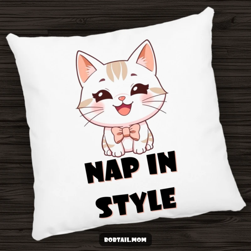 Funny Bobtail cat pillow featuring a happy, grinning cat wearing a tiny bowtie, offering cozy and charming comfort.