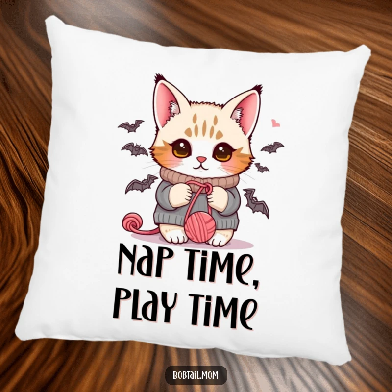 Funny Bobtail cat in a knitted sweater, happily tangled in yarn, offering a plush and humorous decorative accent.