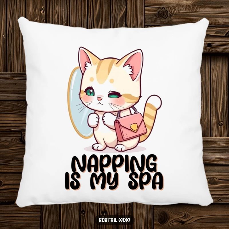 Funny Bobtail cat with a tiny purse looking at its reflection. A stylish and humorous pillow, perfect gift for cat moms.