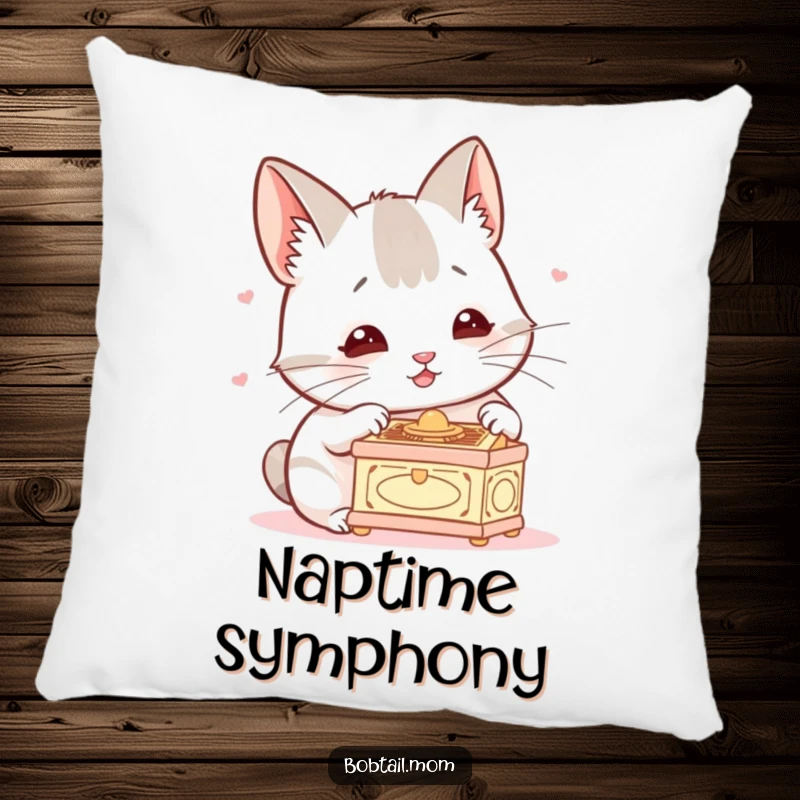 Funny Bobtail Throw Pillow featuring a dog listening attentively to a tiny music box, perfect for adding cozy humor to any room.