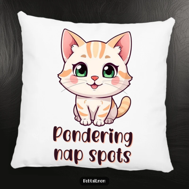 Funny Bobtail cat character pillow, shown with a happy expression and a curious glance, providing comforting and humorous decor.
