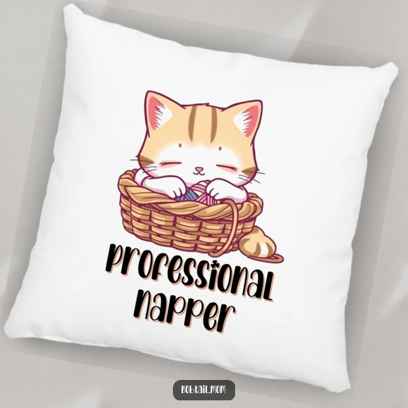 Funny pillow featuring a Bobtail cat peacefully napping in a knitting basket, a soft and humorous addition to any home.
