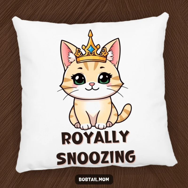 Funny pillow featuring a majestic bobtail cat king, soft and decorative, exuding royal charm and regal comfort.