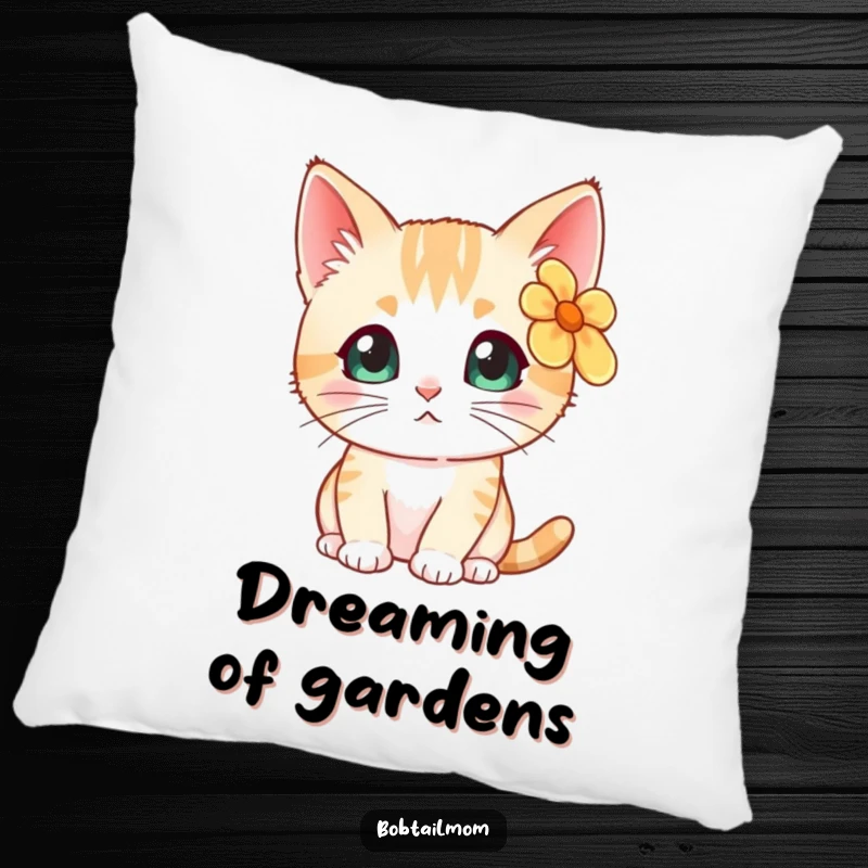 Funny Bobtail cat with a flower, looking curious, featured on a soft, plush pillow.