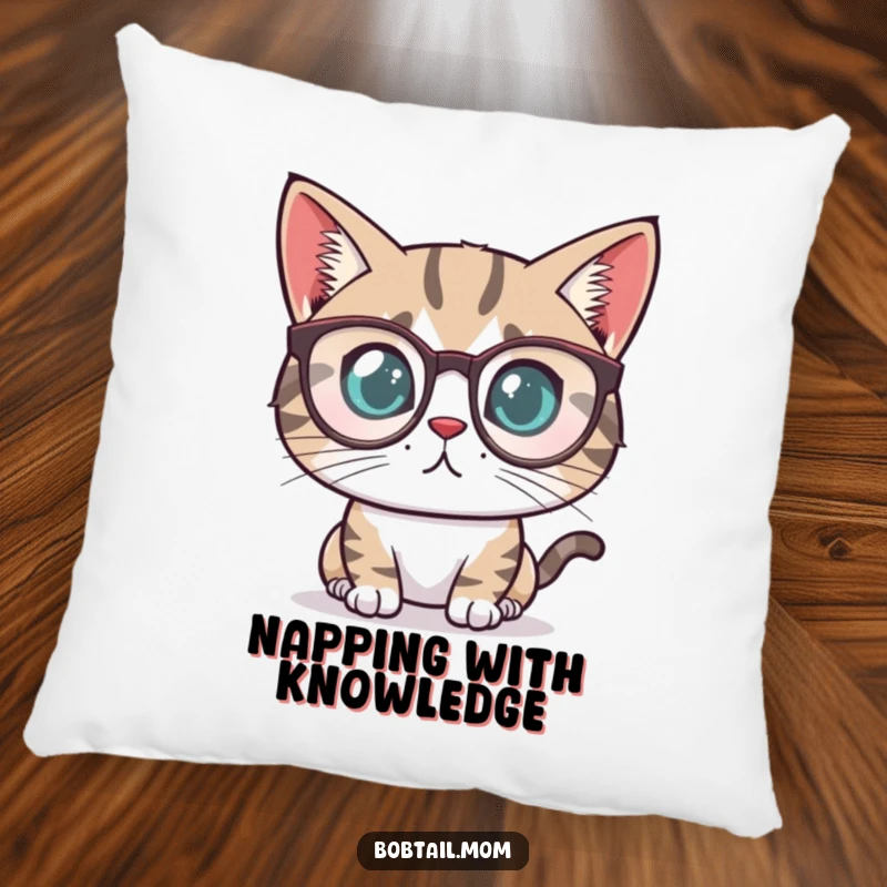 Funny Bobtail cat with a determined look wearing tiny reading glasses, featured on a soft, plush pillow.