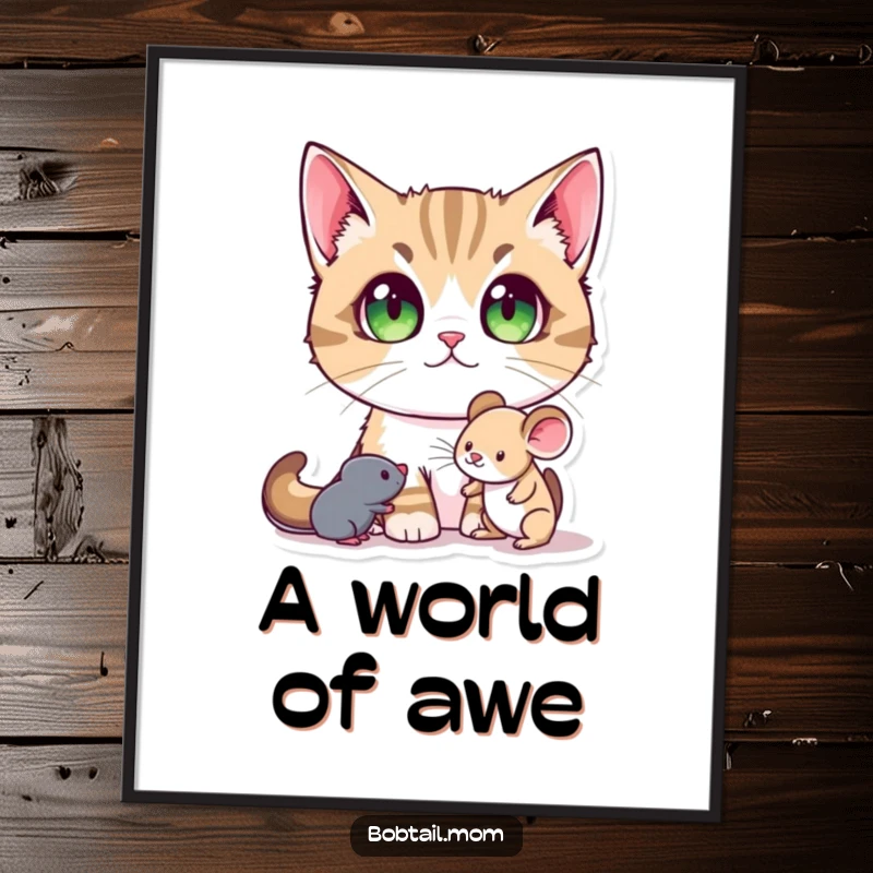 Funny Bobtail Cat Digital Art Print of a Bobtail cat with large pupils, gazing with wonder at a toy mouse, for charming decor.