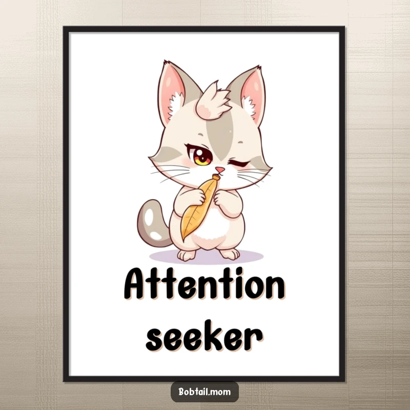 Funny Bobtail Digital Art Print: A mischievous bobtail cat batting at a feather, ready for humorous and playful decor.