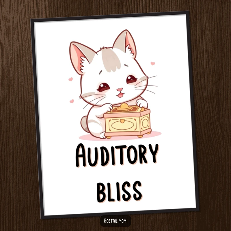 Funny Bobtail Digital Art Print of a dog with twitching ears listening to a tiny music box, offering instant whimsical decor and humor.