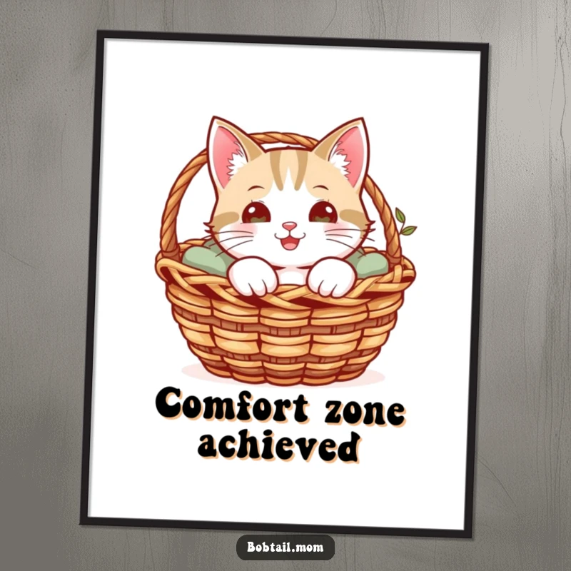 Funny digital art of a cheerful Bobtail cat peeking from a cozy basket, ready for instant download.