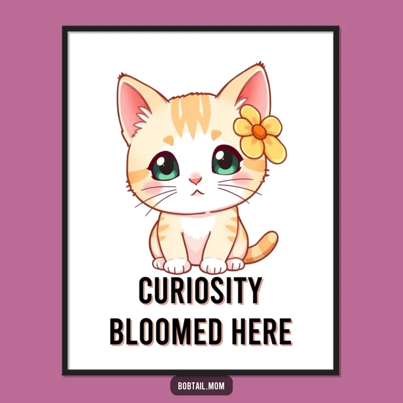 Digital Funny Bobtail Cat Flower Art: Instant Curious Charm for Your Walls