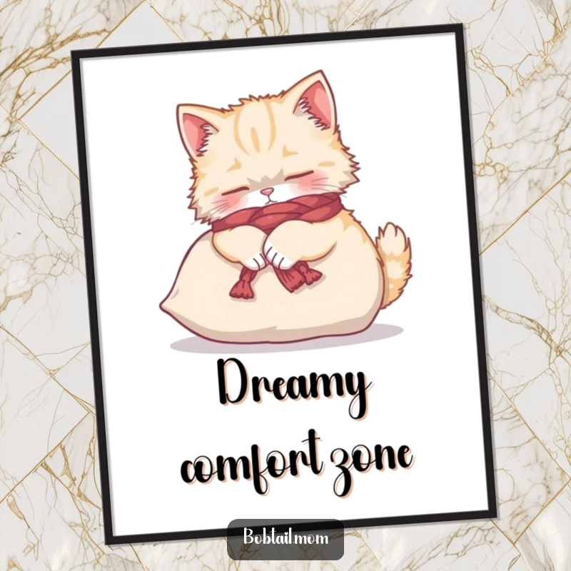 Funny Bobtail cat wrapped in a yarn scarf, kneading a cushion, available as instant digital art.