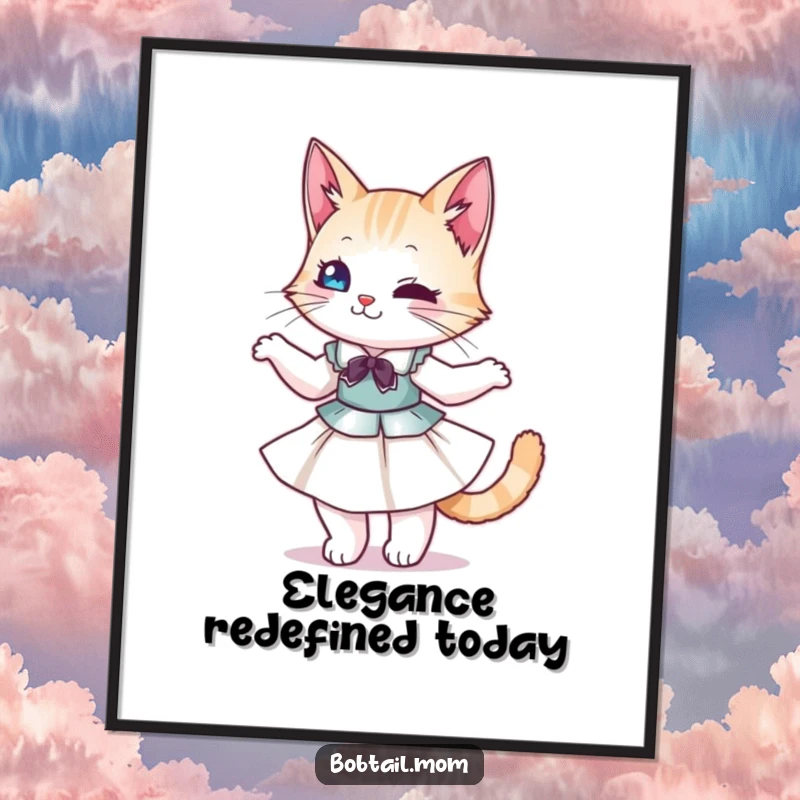 Funny Bobtail Cat Digital Art Print: Graceful feline in a dress, twirling, offering instant, elegant, and funny decor.