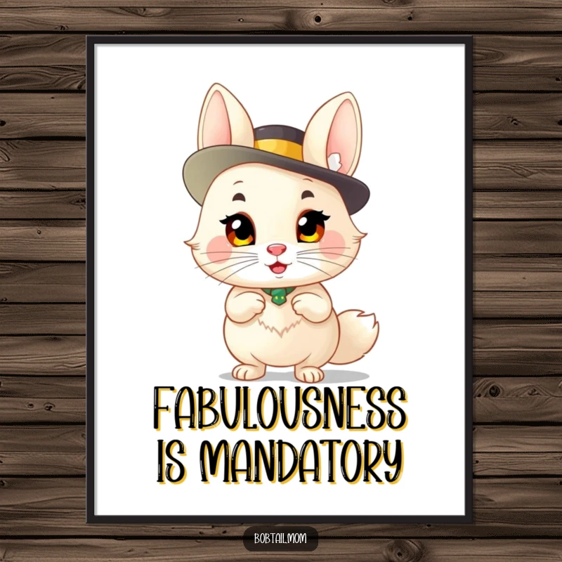 Funny Bobtail Digital Art Print: A sassy bobtail cat in a fancy hat, ready to be printed for humorous wall decor.