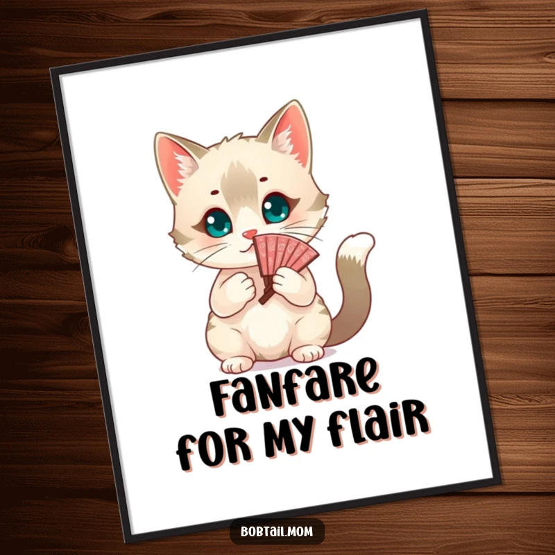 Funny chic Bobtail cat fanning itself with a decorative fan. Humorous digital art, perfect for stylish cat lovers, a fun gift.