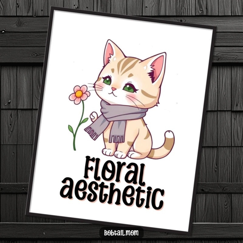 Funny Bobtail Cat Digital Art Print: A stylish bobtail cat wearing a scarf is captured admiring a delicate flower.