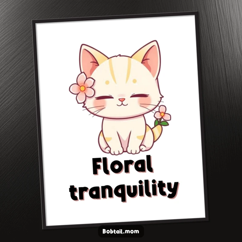 Funny Bobtail Cat Digital Art Print of a serene feline with a flower, perfect for instant humorous and peaceful decor.