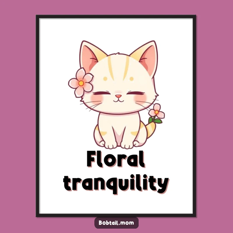 Funny Bobtail Cat Flower Digital Art: Serene Feline Print, Instant Funny Gift