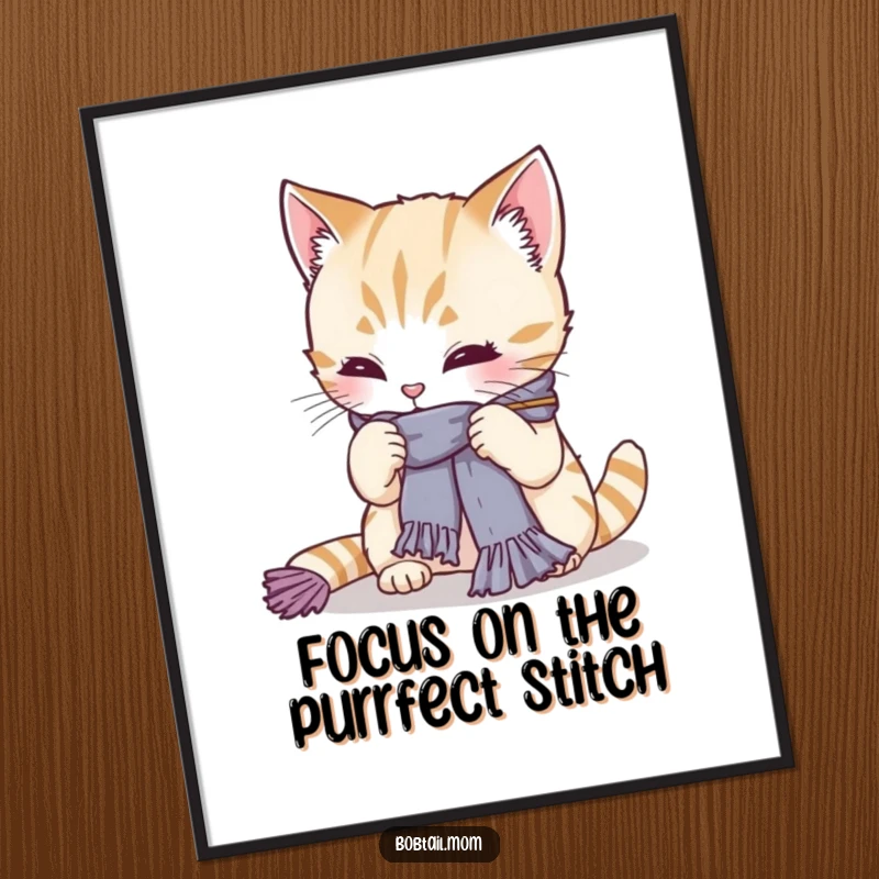 Funny Bobtail cat intently knitting a scarf, yarn playfully tangled. Humorous digital art, perfect for cat lovers and crafters, a fun gift.