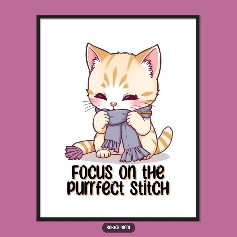 Funny Bobtail Cat Knitting Digital Art: Instant Downloadable Feline Craft Humor