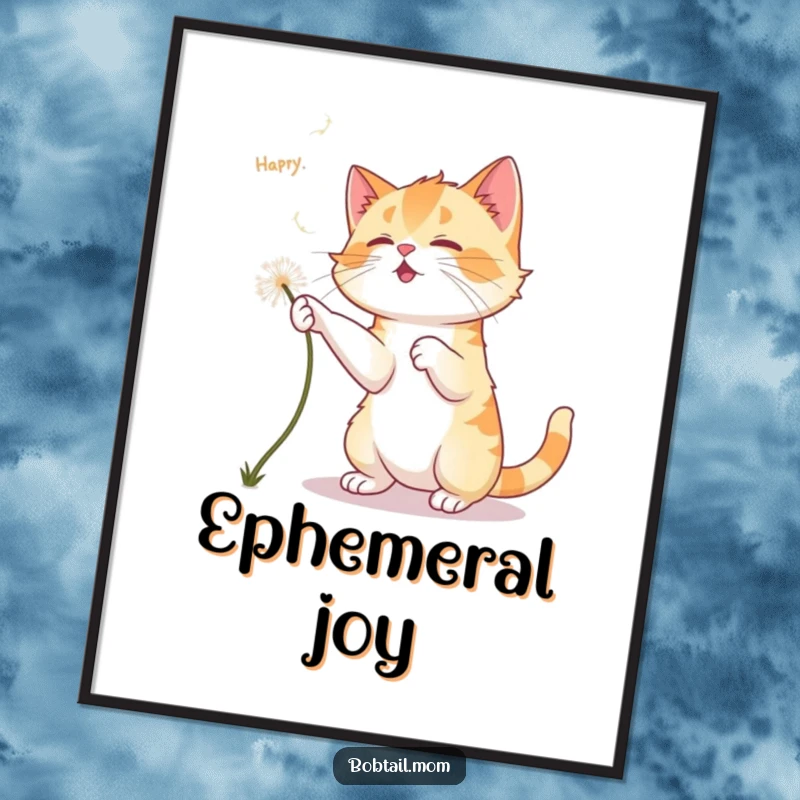 Funny Bobtail Cat Digital Art: A Bobtail cat playfully chases dandelion fluff, offering instant, whimsical feline wall decor.