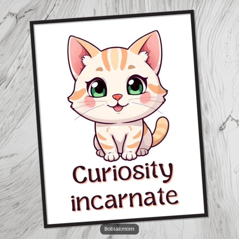 Funny Bobtail cat character digital art print, capturing a happy expression and a curious glance, full of endearing charm.