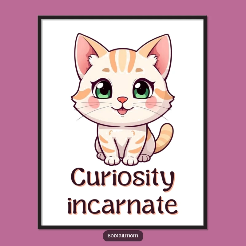 Funny Bobtail Cat Digital Art: Curious Happy Character Print, Instant Gift