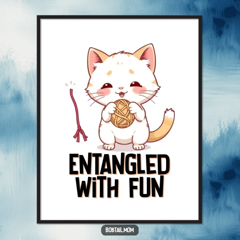 Funny digital art of a playful Bobtail cat batting at a dangling yarn ball, ready for instant download.