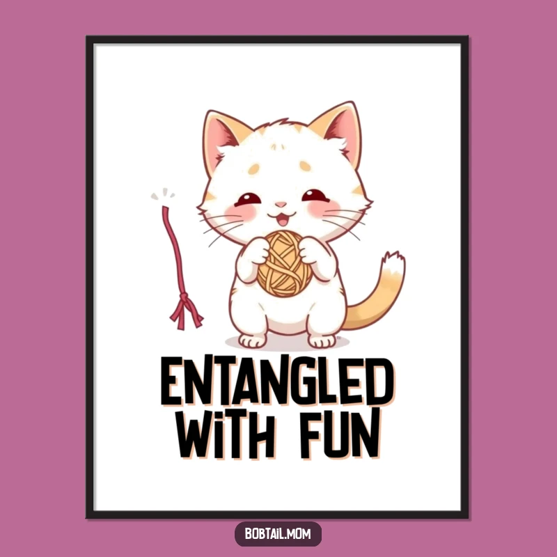 Funny Bobtail Cat Digital Art: Playful Cat Batting Yarn