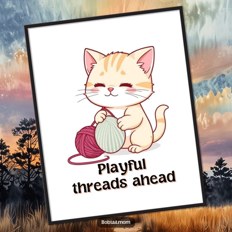 High-resolution digital art print of a funny bobtail cat gleefully attacking a ball of yarn.