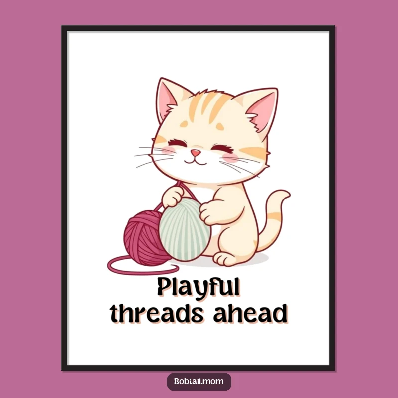 Funny Bobtail Cat Digital Art: Playful Yarn Chaos Print Gift
