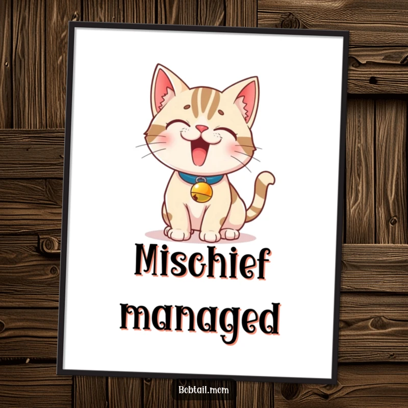 Funny Bobtail Cat Digital Art: A mischievous Bobtail cat with a bell collar poses playfully, offering instant, humorous feline wall decor.