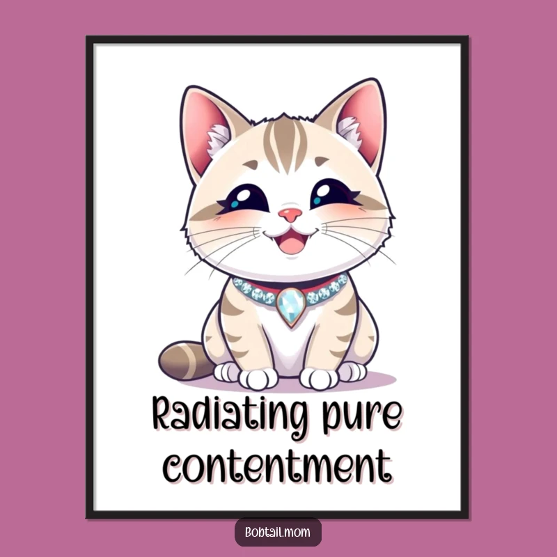 Funny Bobtail Cat Happy Collar Digital Art: Instant Download of Content Feline Joy