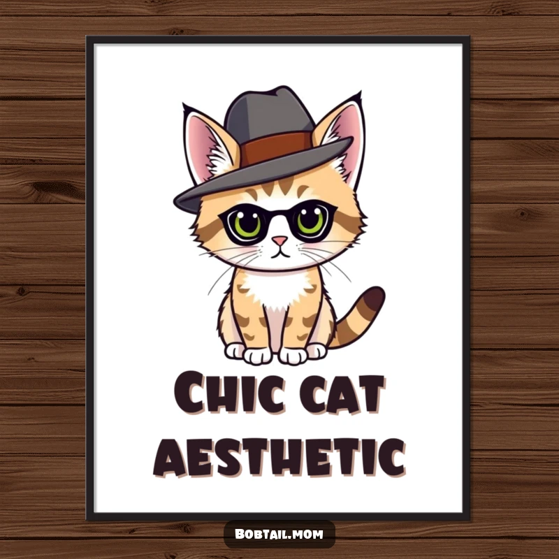 Funny bobtail cat wearing an elegant hat, posing with grace, downloadable digital art print.