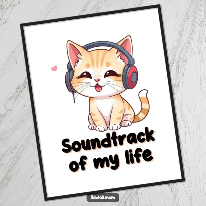 Funny Bobtail Cat Digital Art Print: Cat with headphones listening to music, offering instant, stylish, and funny wall art.