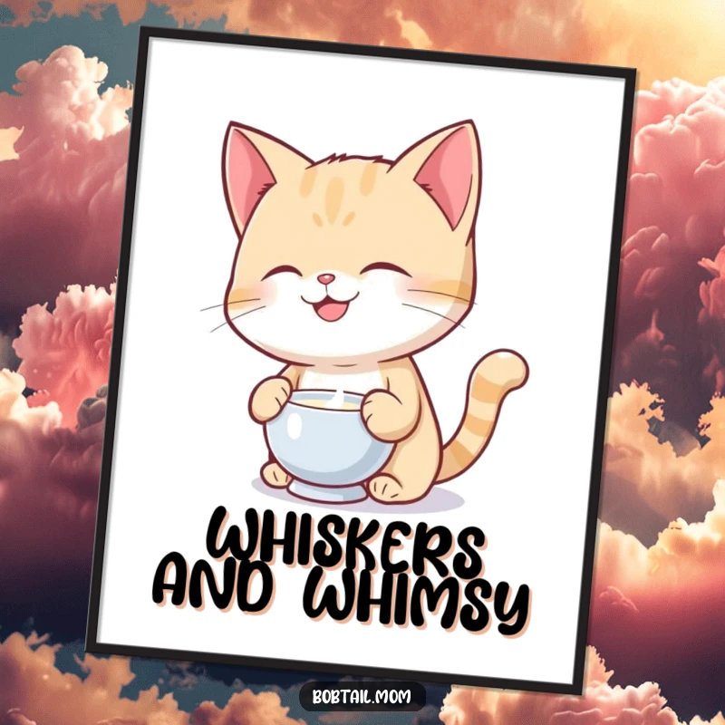 Funny Bobtail cat with a happy expression balancing a saucer of milk, ready to be printed as art.