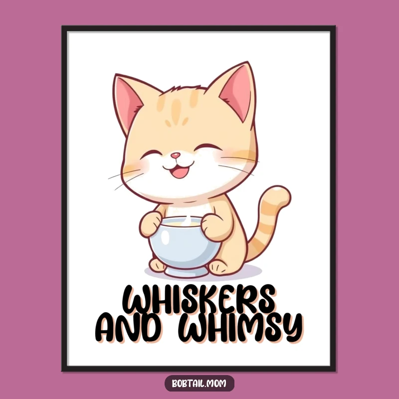 Funny Bobtail Cat Milk Balancing Digital Art: Instant Whimsy for Your Walls