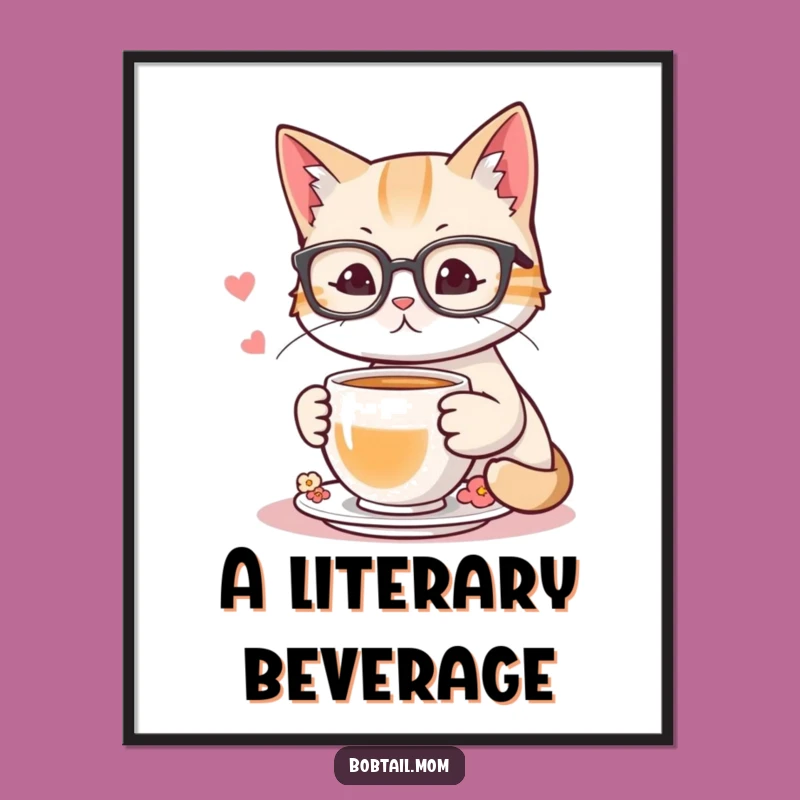 Funny Bobtail Cat Reading Digital Art Print: Hilarious Bookish Wall Decor