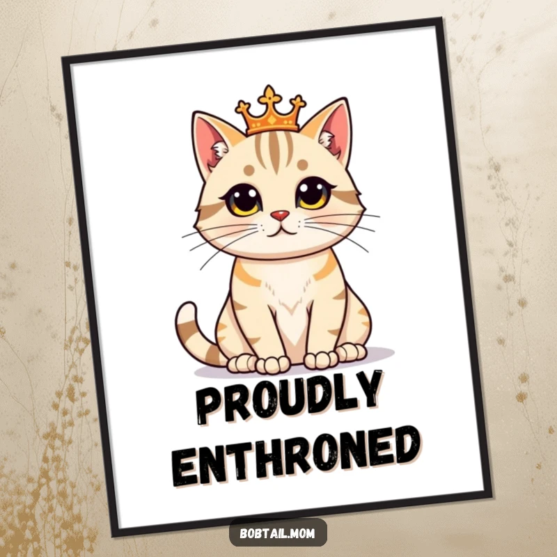 Funny Bobtail Cat Digital Art Print of a proud feline sitting regally, perfect for instant humorous and majestic decor.