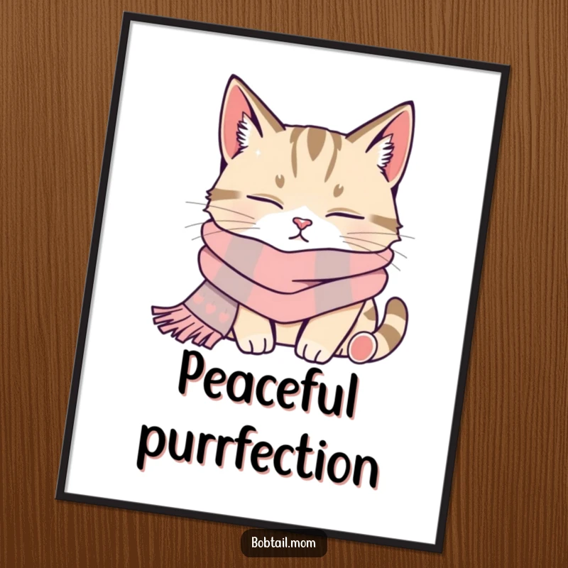 High-resolution digital art print of a funny bobtail cat wearing a cozy scarf, napping peacefully.