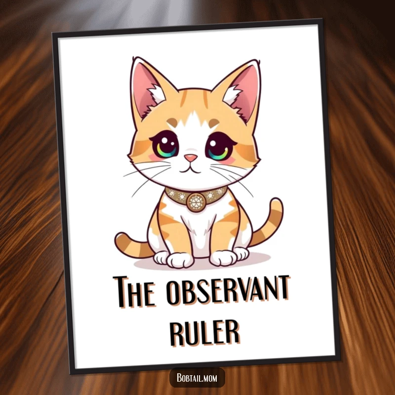 Funny Bobtail cat with a sparkly collar, surveying the room, vibrant digital art for regal and humorous wall decor.