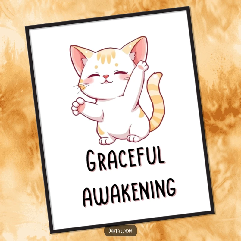 Funny Bobtail Cat Digital Art Print of a graceful feline performing a gentle stretch, ideal for humorous, serene decor.