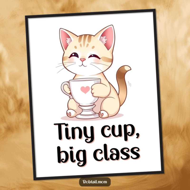 Funny Bobtail cat in an elegant pose with a miniature teacup, modern digital art for sophisticated and humorous wall decor.