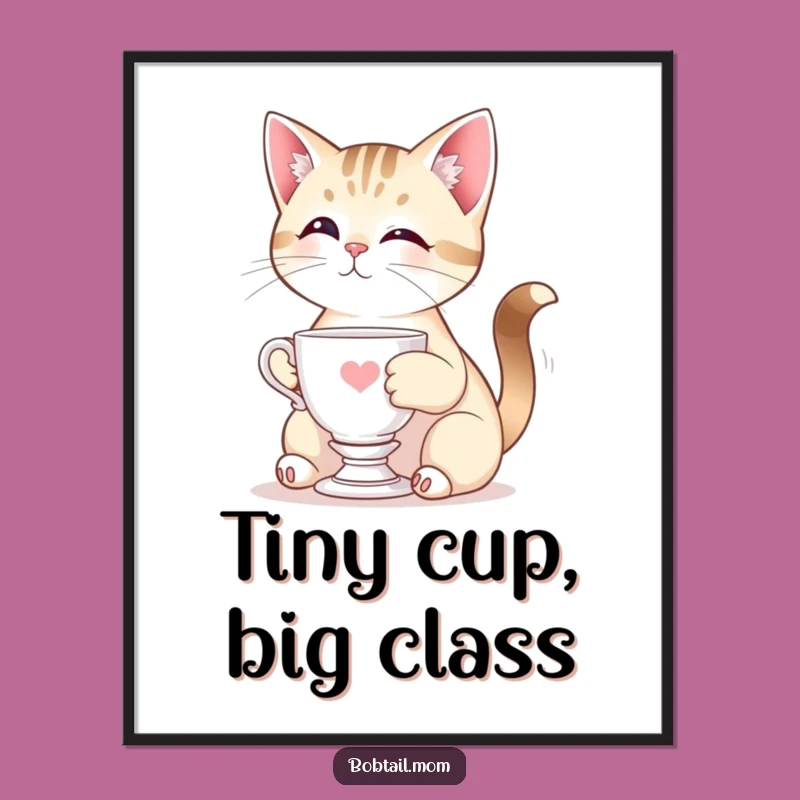 Funny Bobtail Cat Teacup Digital Art - Instant Elegant & Hilarious Decor