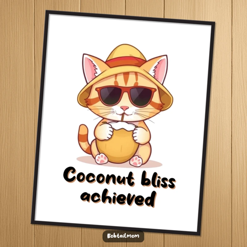 Funny digital art print of a bobtail cat wearing a sun hat, sipping from a coconut, designed to add tropical joy.